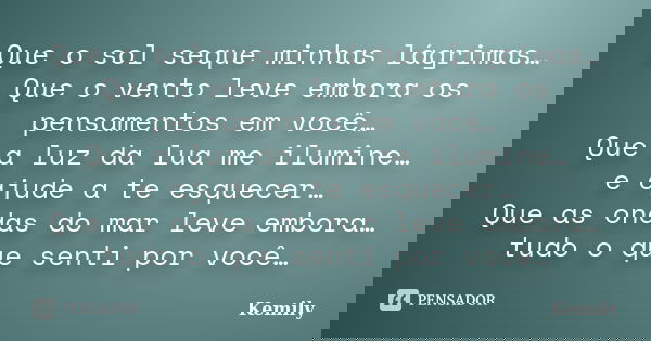 Que o sol seque minhas lágrimas… Que o vento leve embora os pensamentos em você… Que a luz da lua me ilumine… e ajude a te esquecer… Que as ondas do mar leve em... Frase de Kemily.