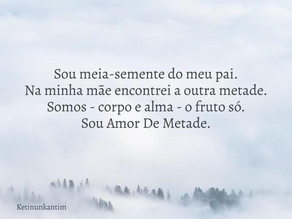 Sou meia-semente do meu pai.
Na minha mãe encontrei a outra metade.
Somos - corpo e alma - o fruto só.
Sou Amor De Metade.... Frase de ketinunkantim.