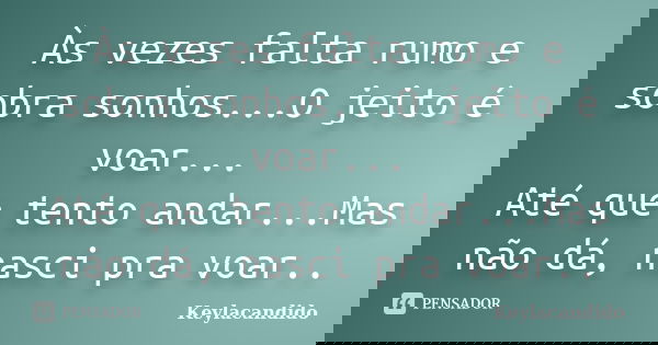Às vezes falta rumo e sobra sonhos...O jeito é voar... Até que tento andar...Mas não dá, nasci pra voar..... Frase de Keylacandido.