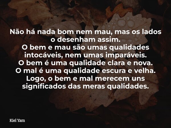 Não há nada bom nem mau, mas os lados o desenham assim. O bem e mau são umas qualidades intocáveis, nem umas imparáveis. O bem é uma qualidade clara e nova. O m... Frase de Kiel Yam.