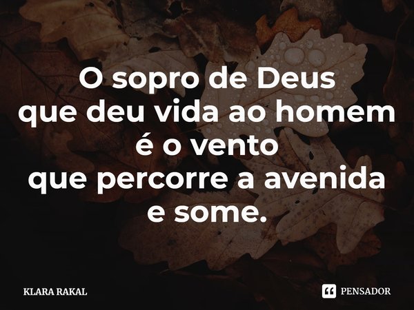 ⁠O sopro de Deus
que deu vida ao homem
é o vento
que percorre a avenida
e some.... Frase de KLARA RAKAL.