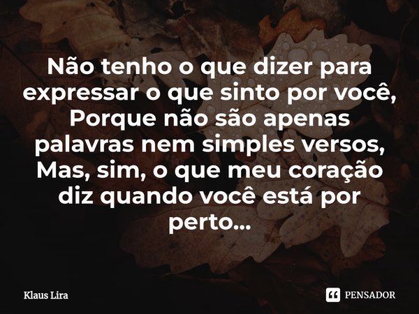 ⁠Não tenho o que dizer para expressar o que sinto por você, Porque não são apenas palavras nem simples versos, Mas, sim, o que meu coração diz quando você está ... Frase de Klaus Lira.