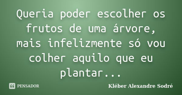 Queria poder escolher os frutos de uma árvore, mais infelizmente só vou colher aquilo que eu plantar...... Frase de Kléber Alexandre Sodré.