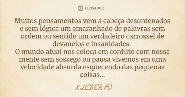 Muitos pensamentos vem a cabeça desordenados e sem lógica um emaranhado de palavras sem ordem ou sentido um verdadeiro carrossel de devaneios e insanidades. O m... Frase de Kleber Fú.