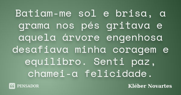 Batiam-me sol e brisa, a grama nos pés gritava e aquela árvore engenhosa desafiava minha coragem e equilibro. Senti paz, chamei-a felicidade.... Frase de Kléber Novartes.