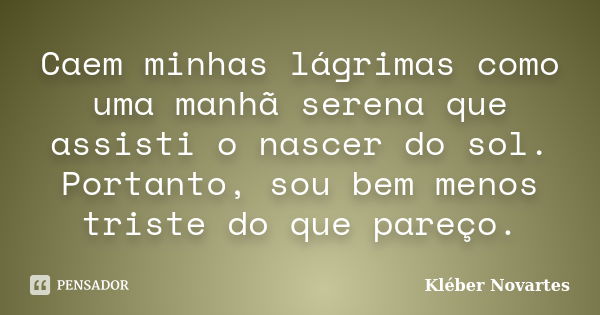 Caem minhas lágrimas como uma manhã serena que assisti o nascer do sol. Portanto, sou bem menos triste do que pareço.... Frase de Kléber Novartes.