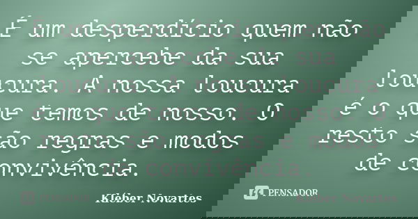 É um desperdício quem não se apercebe da sua loucura. A nossa loucura é o que temos de nosso. O resto são regras e modos de convivência.... Frase de Kléber Novartes.