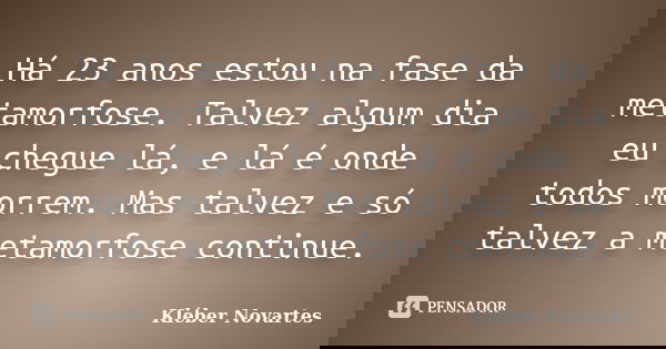 Há 23 anos estou na fase da metamorfose. Talvez algum dia eu chegue lá, e lá é onde todos morrem. Mas talvez e só talvez a metamorfose continue.... Frase de Kléber Novartes.