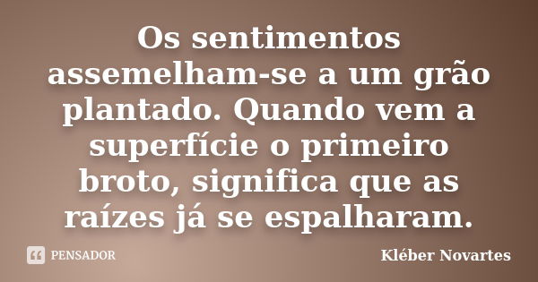 Os sentimentos assemelham-se a um grão plantado. Quando vem a superfície o primeiro broto, significa que as raízes já se espalharam.... Frase de Kléber Novartes.