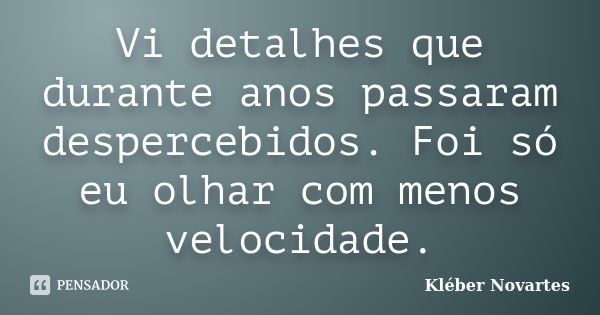 Vi detalhes que durante anos passaram despercebidos. Foi só eu olhar com menos velocidade.... Frase de Kléber Novartes.