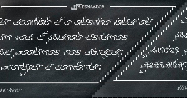 Ser acolhido é o destino ideal de quem voa. É quando estamos juntos, que podemos nos abraçar, agasalhar, proteger e confortar.... Frase de Kovisk Neto.