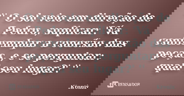 '' O sol veio em direção de Pedro, suplicar: 'Vá contemplar a conexão das peças, e se perguntar: qual seu lugar?' ''... Frase de Kronix.