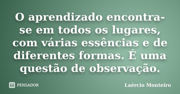 O aprendizado encontra-se em todos os lugares, com várias essências e de diferentes formas. É uma questão de observação.... Frase de Laércio Monteiro.