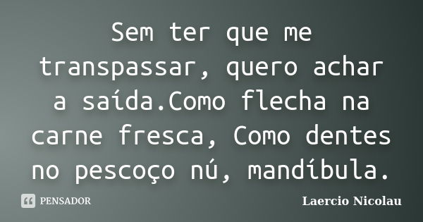 Sem ter que me transpassar, quero achar a saída.Como flecha na carne fresca, Como dentes no pescoço nú, mandíbula.... Frase de Laercio Nicolau.