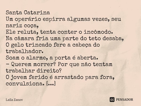 ⁠Santa Catarina
Um operário espirra algumas vezes, seu nariz coça,
Ele reluta, tenta conter o incômodo.
Na câmara fria uma parte do teto desaba,
O gelo trincado... Frase de Laila Zanov.