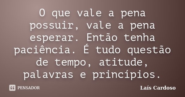 O que vale a pena possuir, vale a pena esperar. Então tenha paciência. É tudo questão de tempo, atitude, palavras e princípios.... Frase de Laís Cardoso.