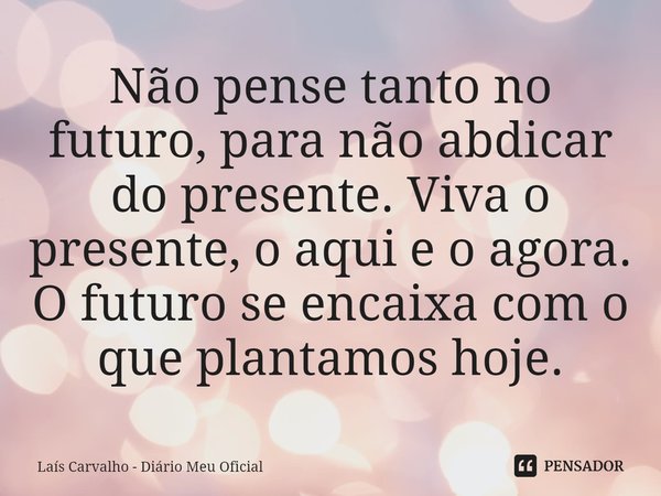 ⁠Não pense tanto no futuro, para não abdicar do presente. Viva o presente, o aqui e o agora. O futuro se encaixa com o que plantamos hoje.... Frase de Laís Carvalho - Diário Meu Oficial.