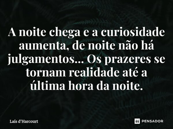 ⁠A noite chega e a curiosidade aumenta, de noite não há julgamentos... Os prazeres se tornam realidade até a última hora da noite.... Frase de Laís d'Harcourt.