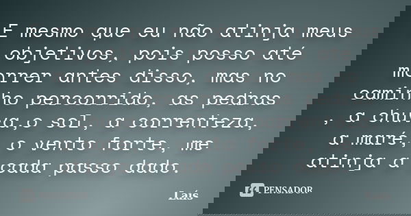 E mesmo que eu não atinja meus objetivos, pois posso até morrer antes disso, mas no caminho percorrido, as pedras , a chuva,o sol, a correnteza, a maré, o vento... Frase de Laís.