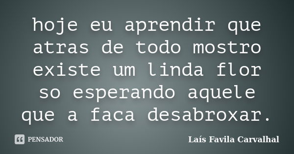 hoje eu aprendir que atras de todo mostro existe um linda flor so esperando aquele que a faca desabroxar.... Frase de Lais Favila Carvalhal.