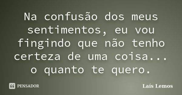 Na confusão dos meus sentimentos, eu vou fingindo que não tenho certeza de uma coisa... o quanto te quero.... Frase de Laís Lemos.