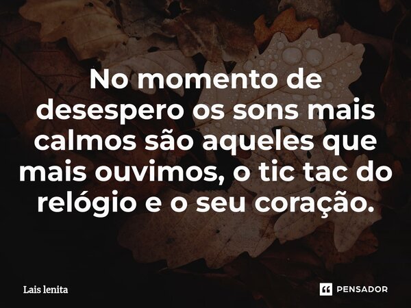 No momento de desespero os sons mais calmos são aqueles que mais ouvimos, o tic tac do relógio e o seu coração.... Frase de Lais Lenita.