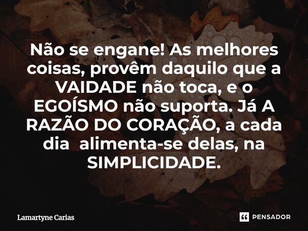 ⁠Não se engane!As melhores coisas, provêm daquilo que a VAIDADE não toca, e o EGOÍSMO não suporta. Já A RAZÃO DO CORAÇÃO, a cada dia alimenta-se delas, na SIMPL... Frase de Lamartyne Carias.