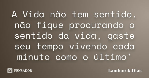 A Vida não tem sentido, não fique procurando o sentido da vida, gaste seu tempo vivendo cada minuto como o último'... Frase de Lamharck Dias.