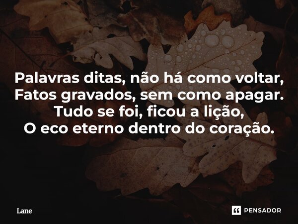 ⁠Palavras ditas, não há como voltar, Fatos gravados, sem como apagar. Tudo se foi, ficou a lição, O eco eterno dentro do coração.... Frase de lane.