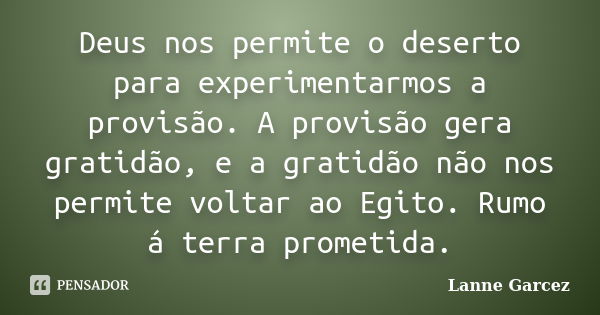 Deus nos permite o deserto para experimentarmos a provisão. A provisão gera gratidão, e a gratidão não nos permite voltar ao Egito. Rumo á terra prometida.... Frase de Lanne Garcez.