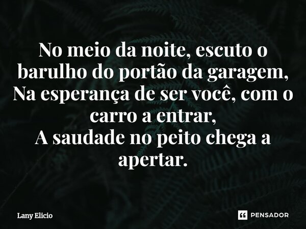 ⁠No meio da noite, escuto o barulho do portão da garagem, Na esperança de ser você, com o carro a entrar, A saudade no peito chega a apertar.... Frase de Lany Elicio.