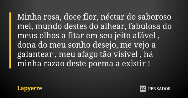 Minha rosa, doce flor, néctar do saboroso mel, mundo destes do alhear, fabulosa do meus olhos a fitar em seu jeito afável , dona do meu sonho desejo, me vejo a ... Frase de Lapyerre.