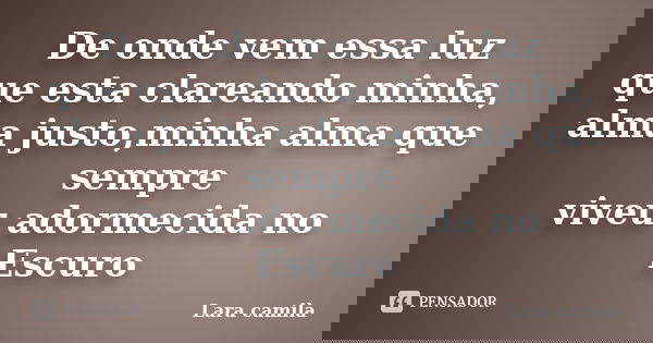 De onde vem essa luz que esta clareando minha, alma justo,minha alma que sempre viveu adormecida no Escuro... Frase de Lara camila.