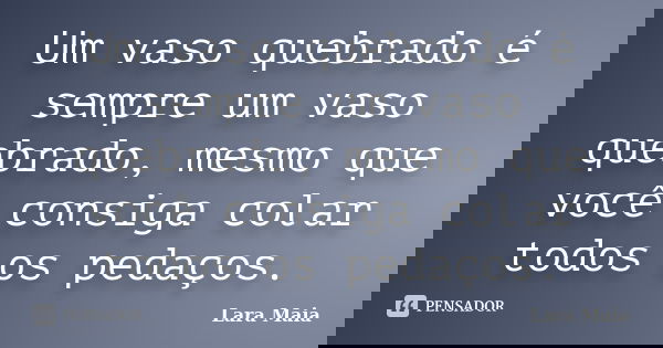 Um vaso quebrado é sempre um vaso quebrado, mesmo que você consiga colar todos os pedaços.... Frase de Lara Maia.
