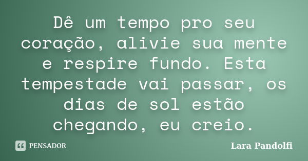 Dê um tempo pro seu coração, alivie sua mente e respire fundo. Esta tempestade vai passar, os dias de sol estão chegando, eu creio.... Frase de Lara Pandolfi.