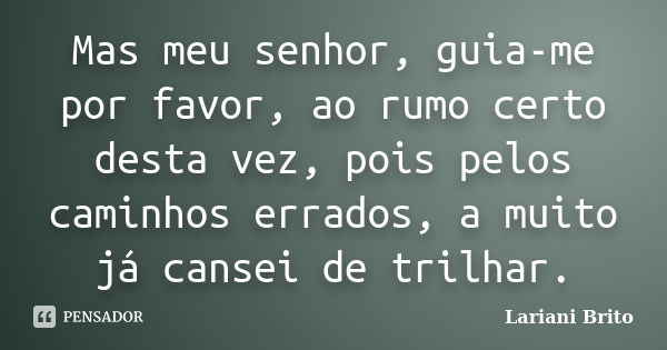 Mas meu senhor, guia-me por favor, ao rumo certo desta vez, pois pelos caminhos errados, a muito já cansei de trilhar.... Frase de Lariani Brito.