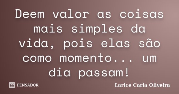 Deem valor as coisas mais simples da vida, pois elas são como momento... um dia passam!... Frase de Larice Carla Oliveira.