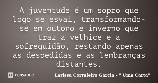 A juventude é um sopro que logo se esvai, transformando-se em outono e inverno que traz a velhice e a sofreguidão, restando apenas as despedidas e as lembranças... Frase de Larissa Corraleiro Garcia - 