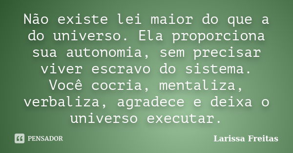 Não existe lei maior do que a do universo. Ela proporciona sua autonomia, sem precisar viver escravo do sistema. Você cocria, mentaliza, verbaliza, agradece e d... Frase de Larissa Freitas.