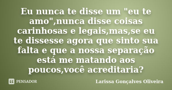 Eu nunca te disse um "eu te amo",nunca disse coisas carinhosas e legais,mas,se eu te dissesse agora que sinto sua falta e que a nossa separação está m... Frase de Larissa Gonçalves Oliveira.