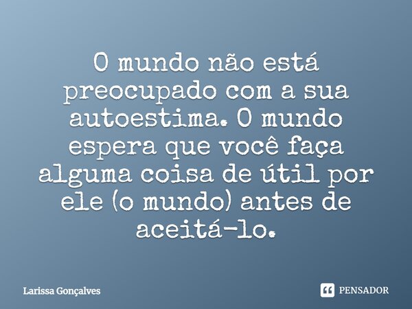 O mundo não está preocupado com a sua autoestima. O mundo espera que você faça alguma coisa de útil por ele (o mundo) antes de aceitá-lo.... Frase de Larissa Gonçalves.