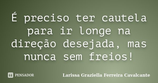 É preciso ter cautela para ir longe na direção desejada, mas nunca sem freios!... Frase de Larissa Graziella Ferreira Cavalcante.