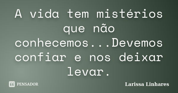 A vida tem mistérios que não conhecemos...Devemos confiar e nos deixar levar.... Frase de Larissa Linhares.