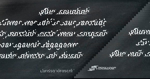 Que saudade Como me dói a sua partida, Quanto partido está meu coração Eu sou aquela bagagem Que não coube dentro do busão... Frase de Larissa loraschi.