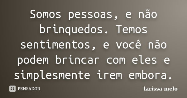 Somos pessoas, e não brinquedos. Temos sentimentos, e você não podem brincar com eles e simplesmente irem embora.... Frase de Larissa Melo.