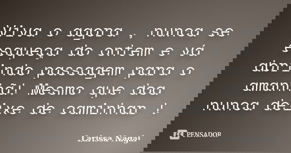 Viva o agora , nunca se esqueça do ontem e vá abrindo passagem para o amanhã! Mesmo que doa nunca deixe de caminhar !... Frase de Larissa Nagai.