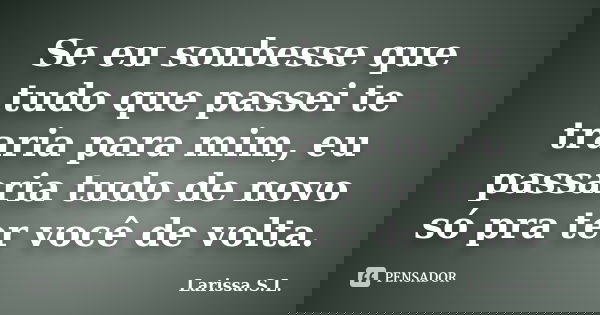 Se eu soubesse que tudo que passei te traria para mim, eu passaria tudo de novo só pra ter você de volta.... Frase de Larissa.S.L..