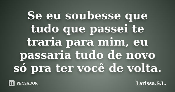 Se eu soubesse que tudo que passei te traria para mim, eu passaria tudo de novo só pra ter você de volta.... Frase de Larissa.S.L..