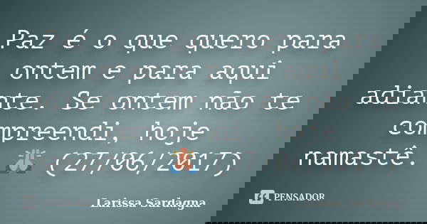 Paz é o que quero para ontem e para aqui adiante. Se ontem não te compreendi, hoje namastê. 🙏 (27/06/2017)... Frase de Larissa Sardagna.