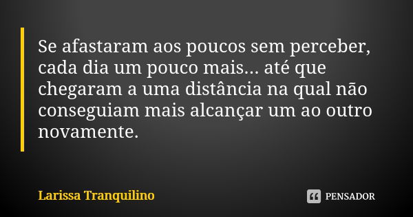 Se afastaram aos poucos sem perceber, cada dia um pouco mais... até que chegaram a uma distância na qual não conseguiam mais alcançar um ao outro novamente.... Frase de Larissa Tranquilino.